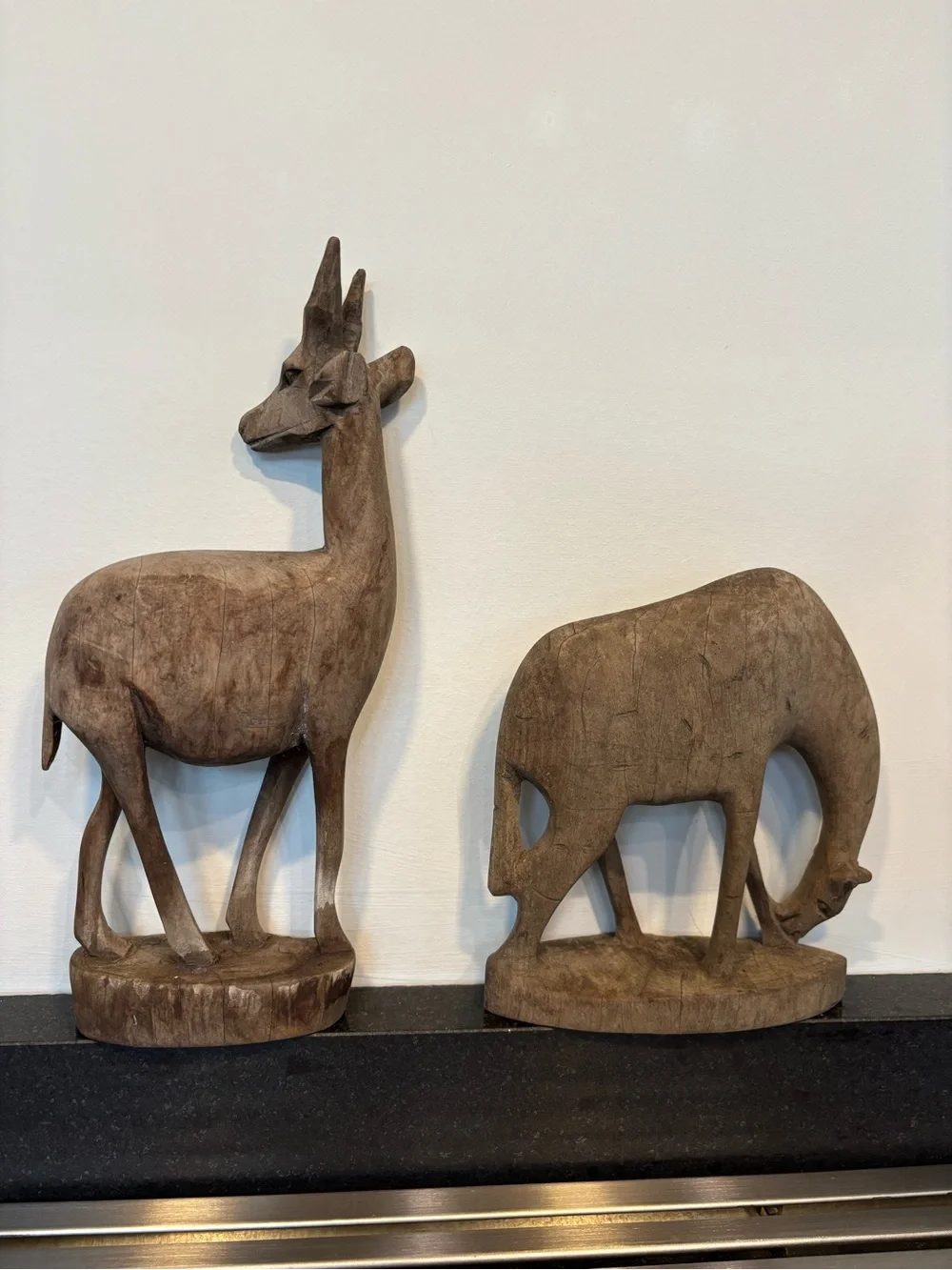 Vintage Hand Carved Rustic Natural Wood Antelope Figurines, Matte, Set Of 2